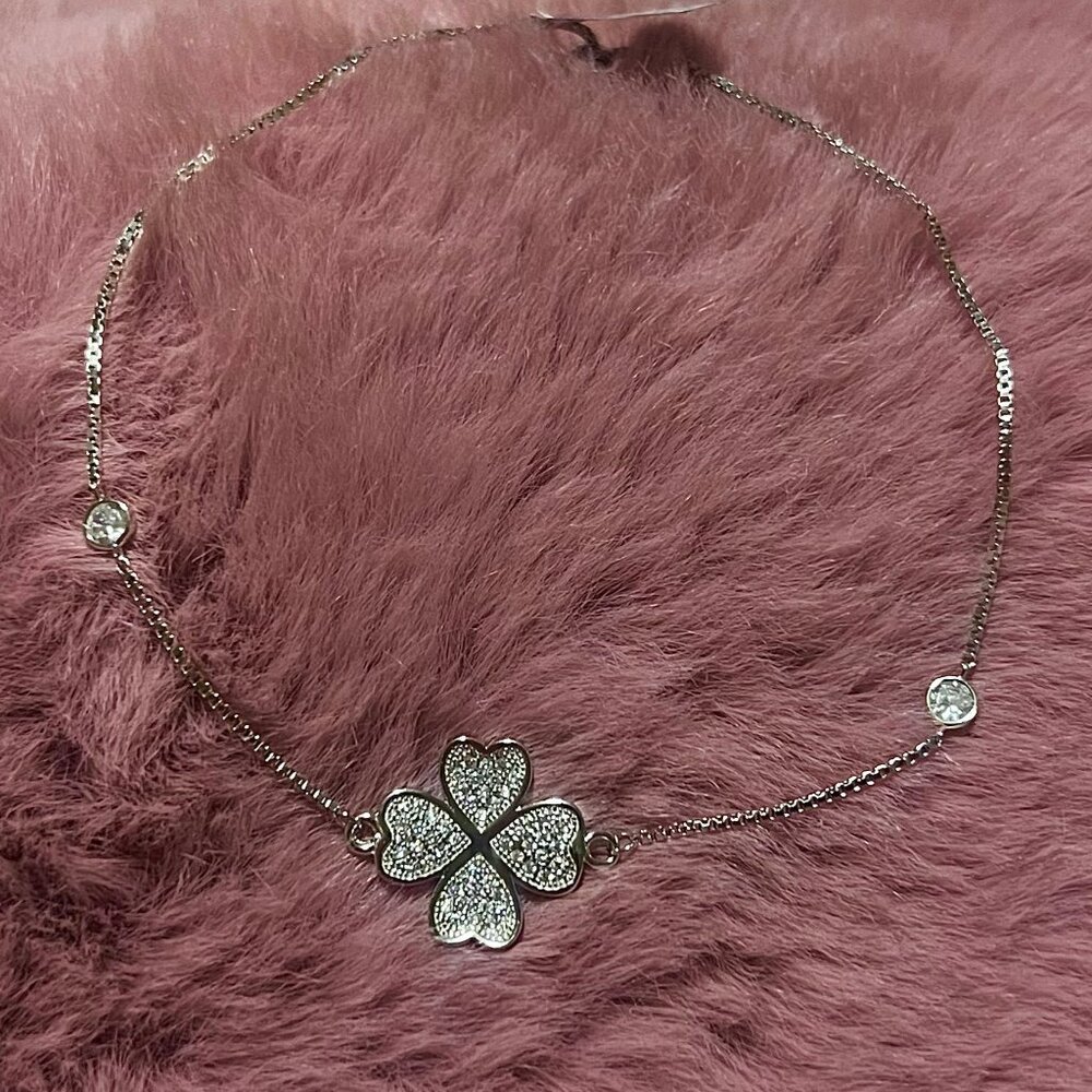 925 Sterling Silver Four Leaves Clover Studded Link Charm Adjustable Bracelet - Picture 5 of 5